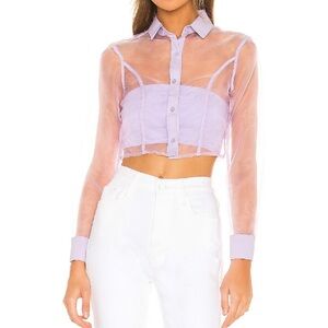 Superdown Sheer Lavender Cropped Button-Up Blouse